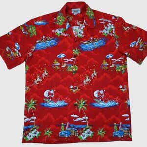 Pacific Legend Christmas Hawaiian Shirt Large Surfing Santa Woody Palm Made USA